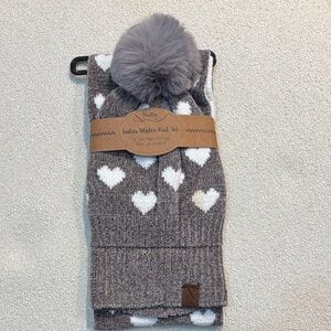 Grey knit chenille hat and scarf set - white hearts